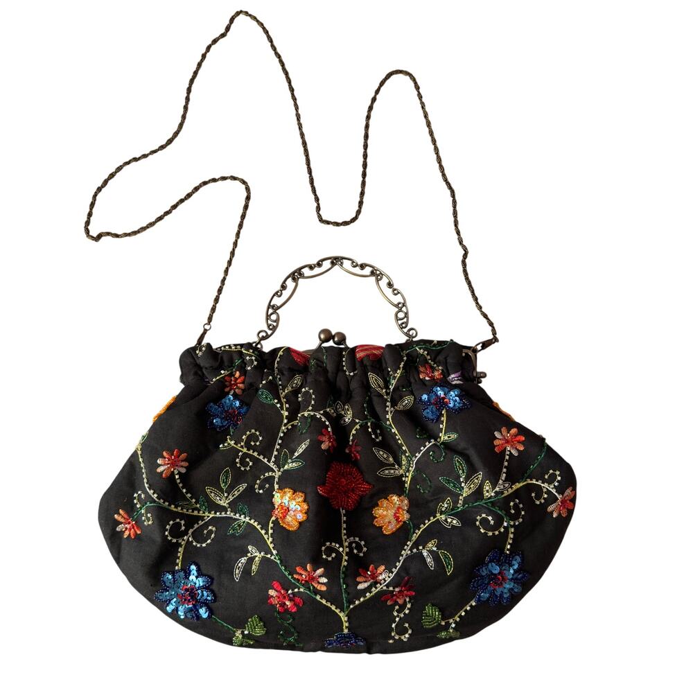 Braciano Beaded Floral Kiss Lock Frame Bag Boho Vintage Style Purse